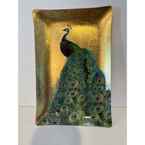 Tray Fringe Studio Peacock Rectangular Glass Tray, Gold Foil Finish 9 x 6 in